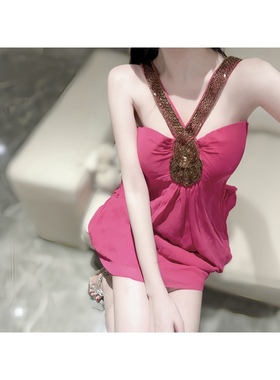 古早*女明星冷白皮*显白玫红色镶珠重工复杂抹胸连衣裙