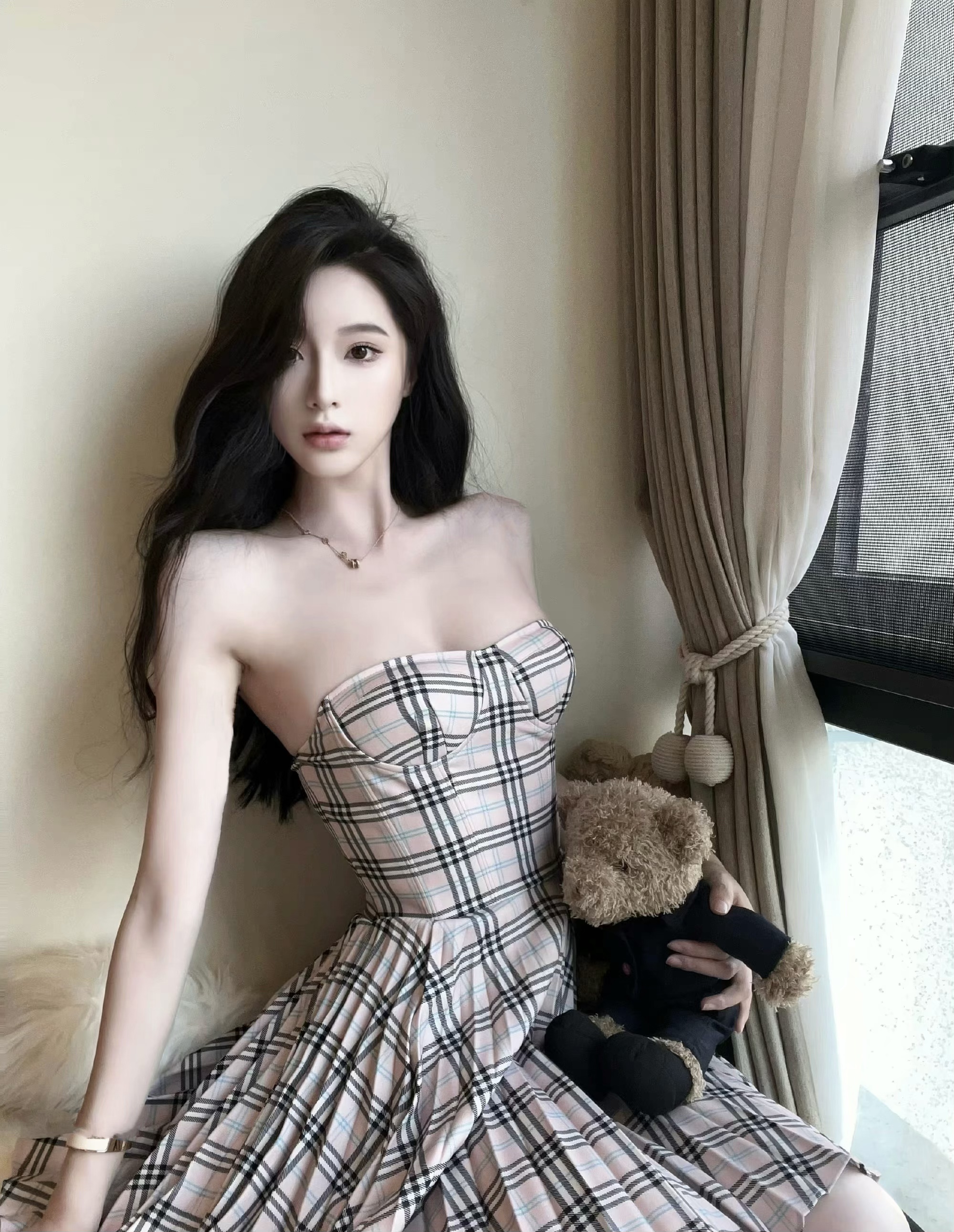 lovingu夏季新款 设计感时尚复古收腰显瘦甜美别致格子抹胸连衣裙