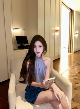 古早*贵气灰蓝色拼接*缎面垂坠挂脖钉珠连衣裙