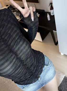 卜斯斯同款春秋款网格网纱黑色性感v领透上衣很透