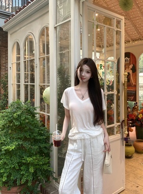 *调性苎麻裤*小镂空花边透气亲肤白色苎麻窄版长