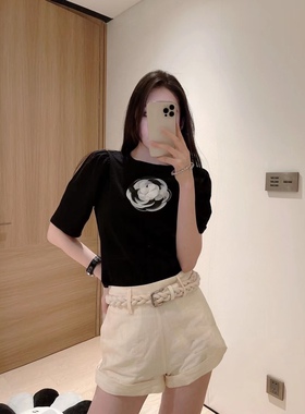 香奶奶山茶花T恤黑色百搭内搭女打底衫短袖t恤女春夏2021年新款