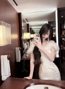 *毛绒绒雾雾*小妲己两色火鸡毛灵动醋酸挂脖一字肩小礼服连衣裙