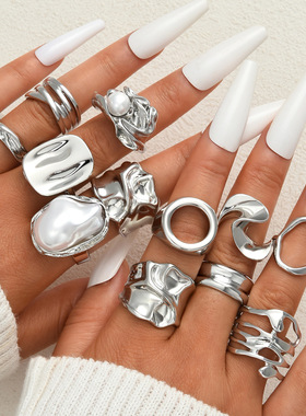 欧美银色珍珠开口可调戒指套装