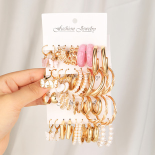 复古金色蝴蝶耳扣女新中式 组合 气质通勤耳环女简约百搭耳圈4套装