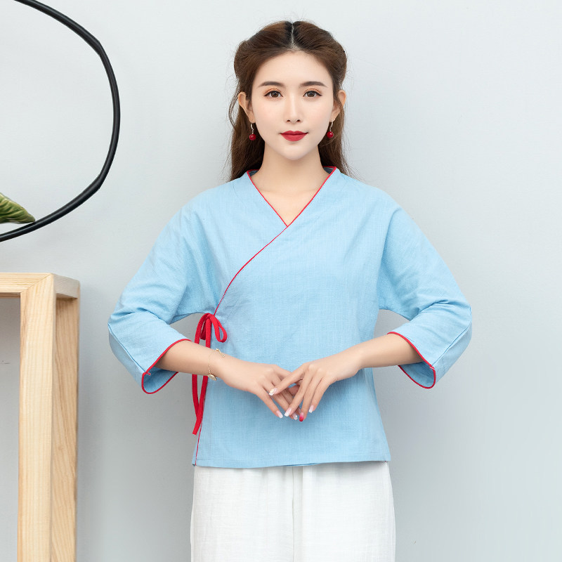 봄 여름 여성 중국 스타일 복고풍 개선 HANFU 레이스 업 가디건 여성 선 다복 문학 면화 및 린넨 탑 기모노