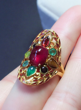 8月新货！进口珐琅彩彩色宝石戒指 925纯银鎏金红宝石戒指 马鞍戒