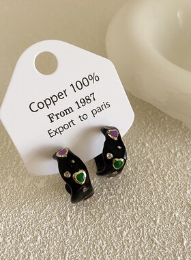 黑色滴油爱心耳钉女小众设计感复古个性简约百搭时尚气质耳环耳饰