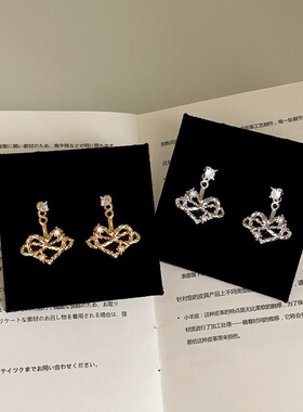 设计感绳结镂空皓石爱心耳钉女甜酷个性时尚潮流气质百搭耳环耳饰