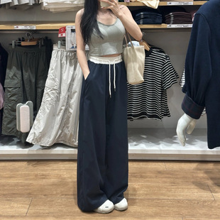 白腰撞色阔腿裤女夏季薄款2026新款高腰宽松显瘦百搭直筒休闲裤子