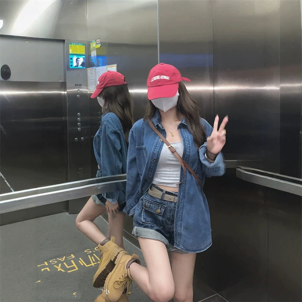 复古港风叠穿软牛仔衬衫女春秋季小个子气质衬衣韩版宽松薄款外套