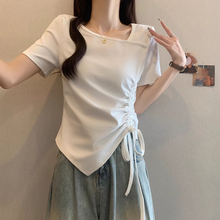 不规则白色正肩短袖女t恤夏大码胖mm遮肚子显瘦褶皱抽绳短款上衣