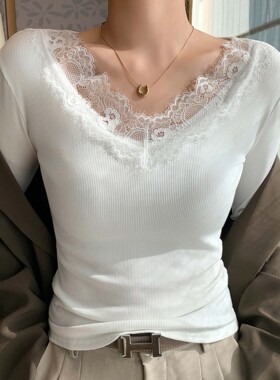 K2030纯欲白色蕾丝花边V领打底衫女春秋新款百搭修身显瘦针织上衣