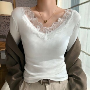 显瘦针织上衣 百搭修身 K2030纯欲白色蕾丝花边V领打底衫 女春秋新款