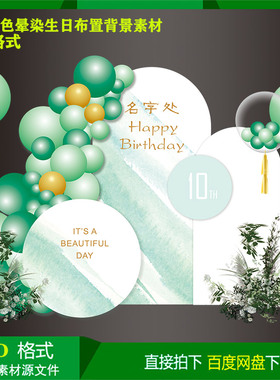 小清新绿色晕染成人10岁儿童生日派对背景kt板设计素材psd源文件