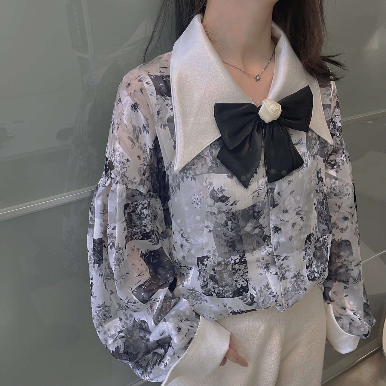 CYXF原创复古长袖衬衫雪纺条纹拼接不规则印花vintage蝴蝶结小众