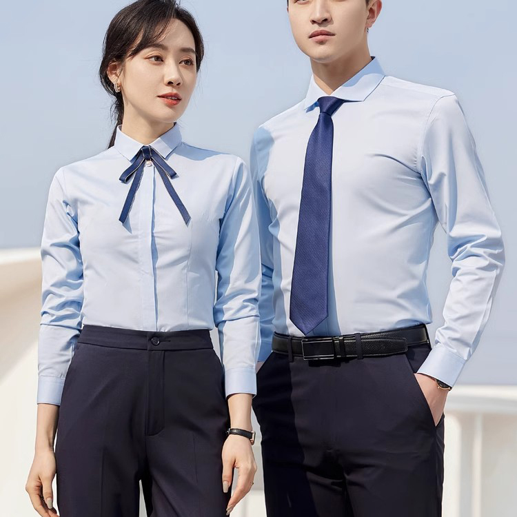 浅蓝色职业衬衫正装长短袖工作服套装男女气质工装白衬衣定制LOGO