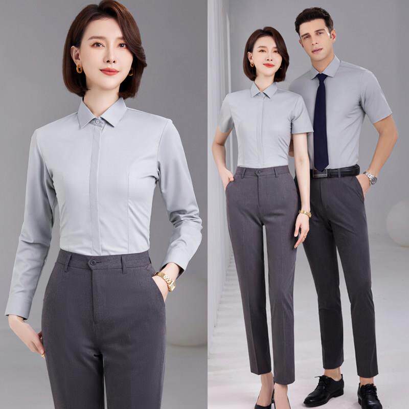 高端灰色衬衫女士职业通勤工装免烫正装白色面试工作服弹力蓝衬衣