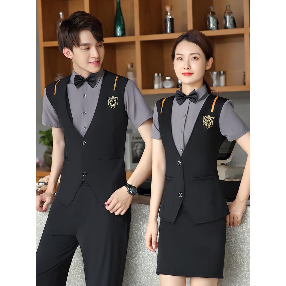 酒店工作服夏季短袖假两件套背心衬衫男女同款咖啡餐厅酒店服务员