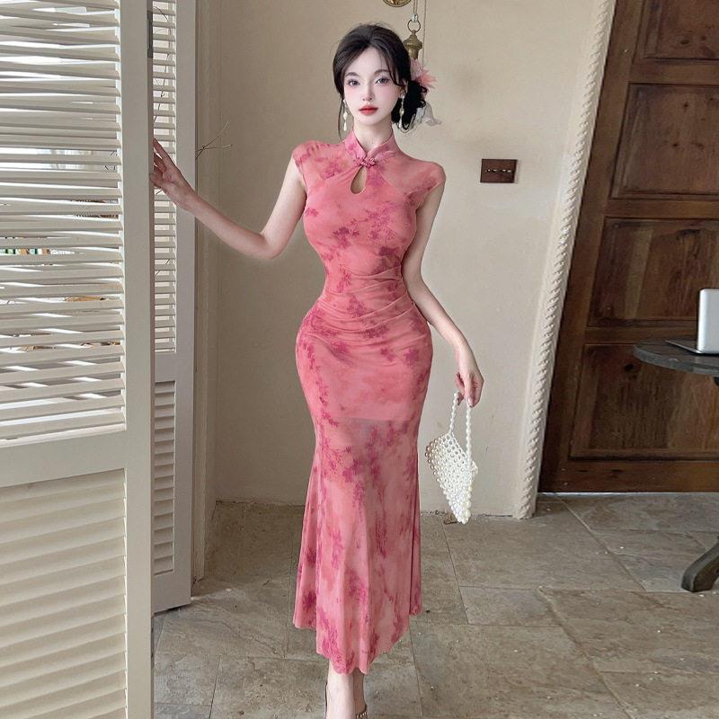 性感碎花旗袍连衣裙女夜总会上班衣服收腰开叉柔式spa技师工作服