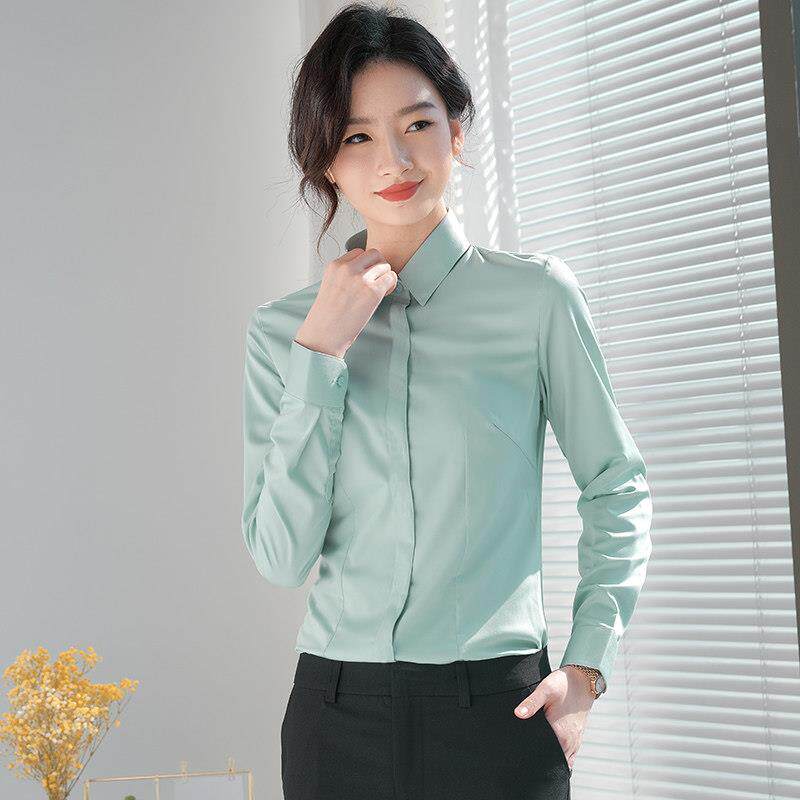 浅绿色衬衫女长袖春夏季薄款职业工作服修身显瘦弹力衬衣免烫抗皱