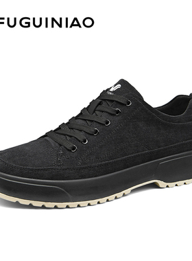 富贵鸟男鞋夏季高端男士休闲厚底板鞋布鞋黑色复古软底百搭运动鞋