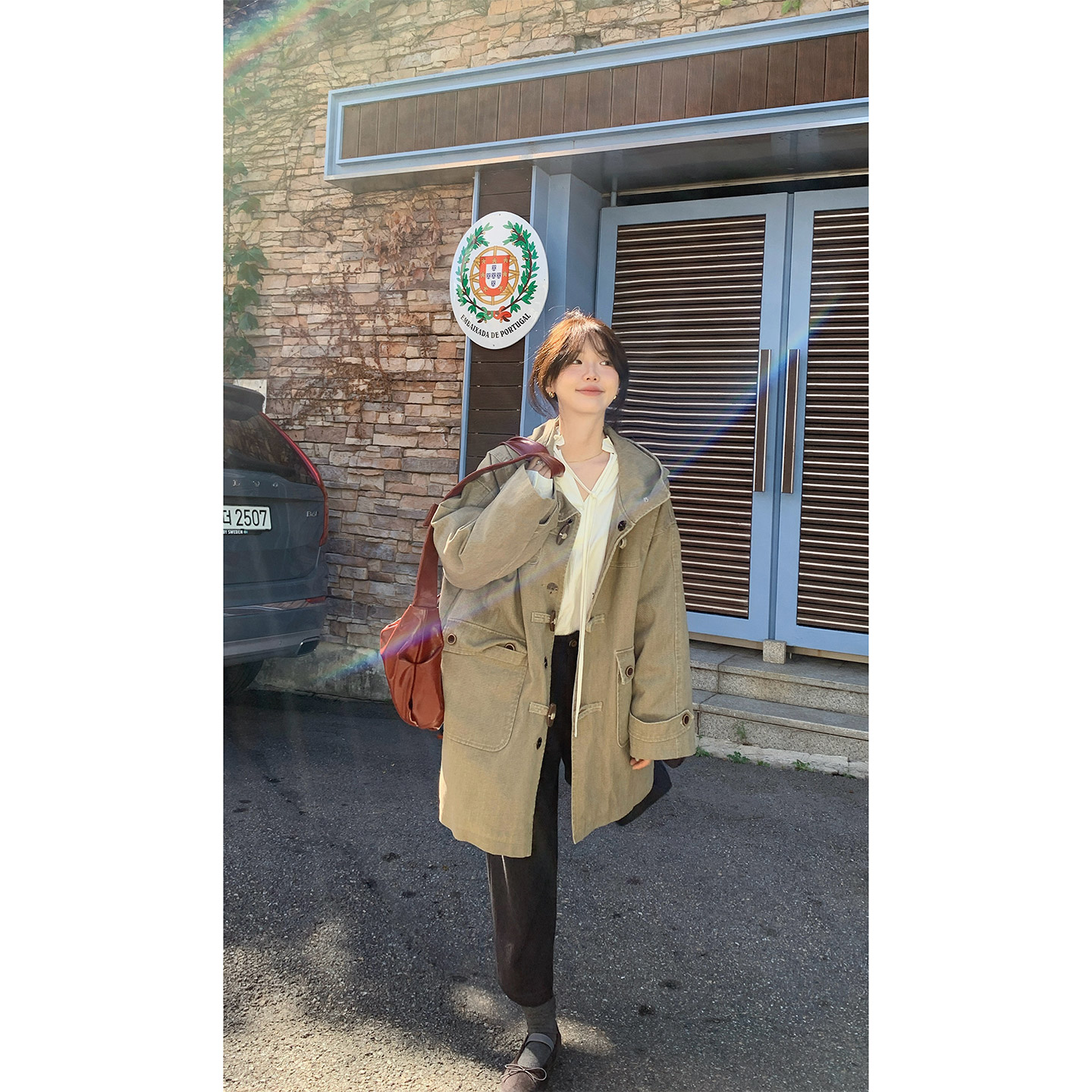 一三良品小个子 复古连帽牛角扣中长款工装风白鸭羽绒服外套女冬