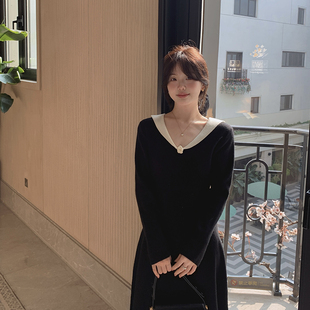 一三良品小个子 手工钩花v领收腰修身黑色针织连衣裙长裙内搭裙