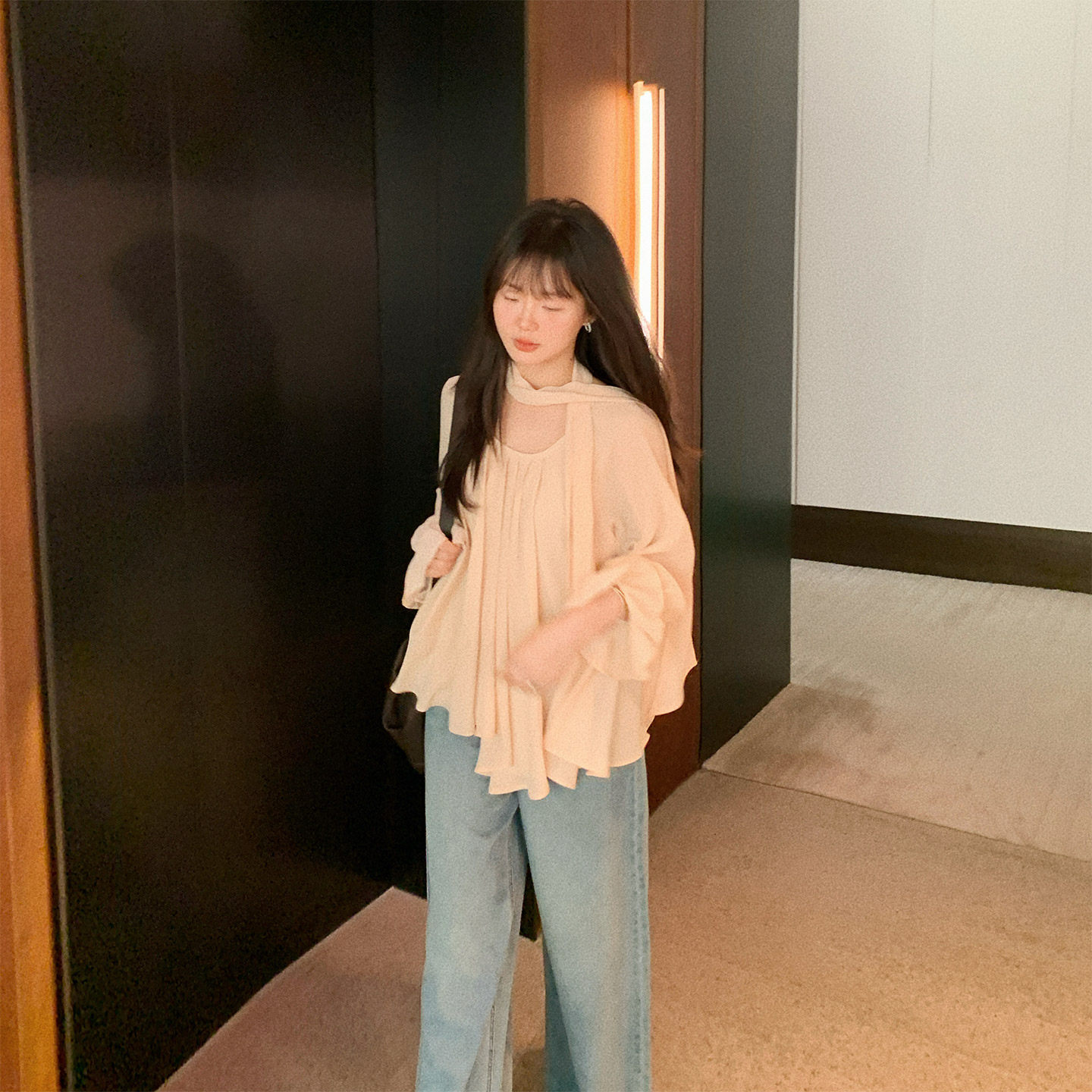 一三良品小个子 甜美温柔风粉色长袖浪漫宽松飘带仙仙衬衫上衣女