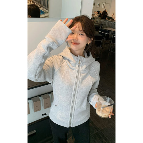 加绒修身收腰连帽卫衣外套女秋冬