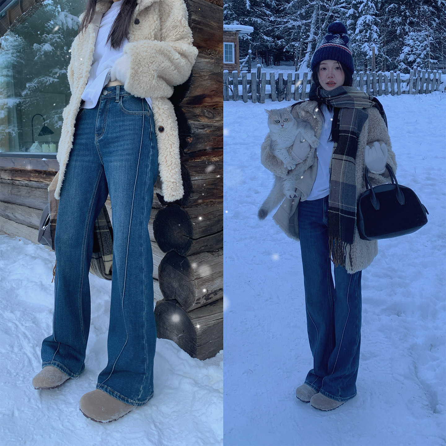 百搭抓绒磨毛微喇牛仔裤女长裤冬