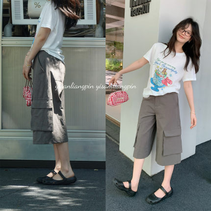 一三良品小个子 日系宽松口袋阔腿休闲工装裤女夏百搭韩版七分裤