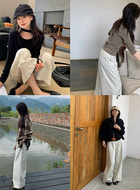 一三良品小个子封神裤简约洋气米灰色休闲阔腿裤拖地裤裤子春季女