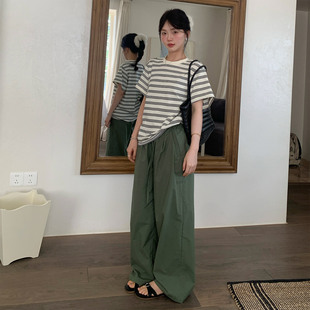 圆领上衣 一三良品小个子 美式 复古撞色条纹短袖 t恤女夏2025新款