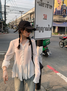 一三良品小个子 温柔小衫 白色法式小众褶皱收腰荷叶边雪纺衫上衣