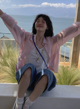 一三良品小个子 春夏轻薄粉色白色宽松防晒衬衫女长袖衬衣上衣150