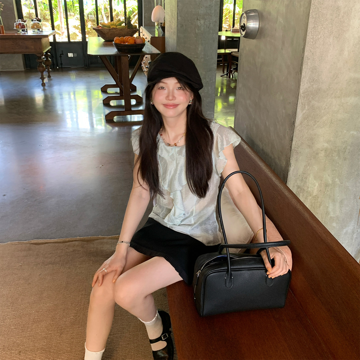修身荷叶边V领小衫女薄款衬衫