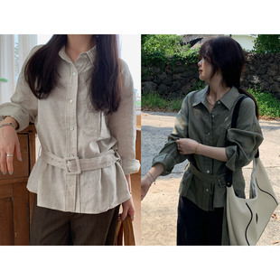 一三良品小个子 设计感收腰亚麻翻领衬衫女通勤休闲宽松上衣秋季
