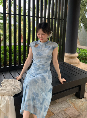 一三良品小个子  水墨晕染新中式蓝色旗袍夏收腰显瘦连衣裙长裙子
