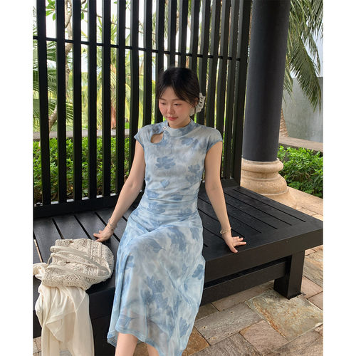 新中式蓝色旗袍夏收腰显瘦连衣裙