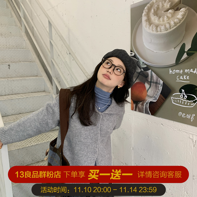 一三良品小个子 文艺复古翻领羊毛毛衣针织开衫外套女短款上衣