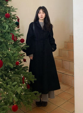 一三良品小个子 黑色气质收腰羊毛双面呢子大衣女冬长款毛呢外套