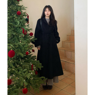 一三良品小个子 黑色气质收腰羊毛双面呢子大衣女冬长款毛呢外套