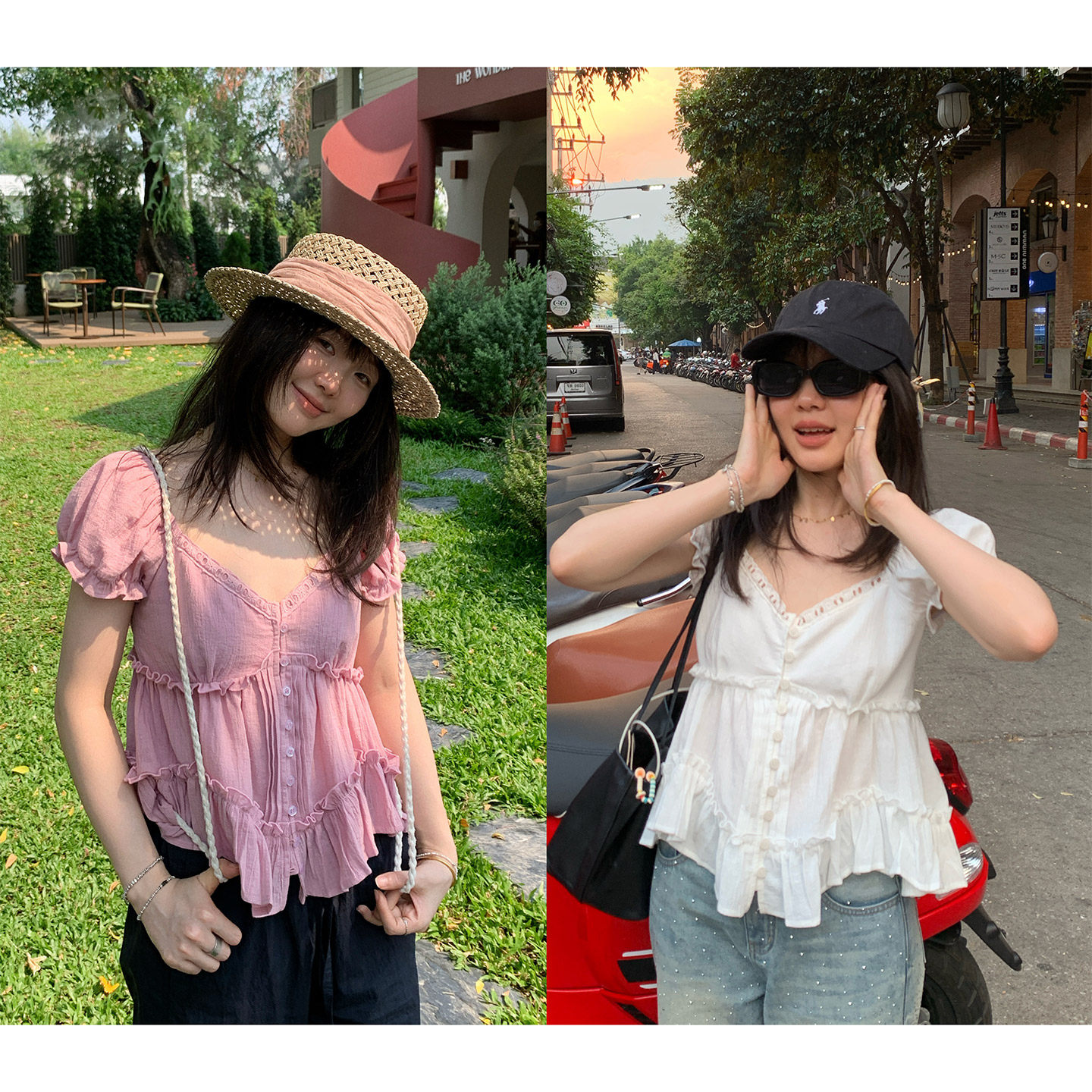 一三良品小个子 白色法式v领花边拼接打揽荷叶边棉麻小衫上衣女夏