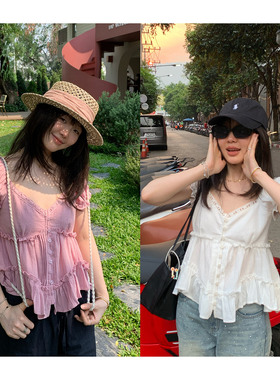 一三良品小个子 白色法式v领花边拼接打揽荷叶边棉麻小衫上衣女夏