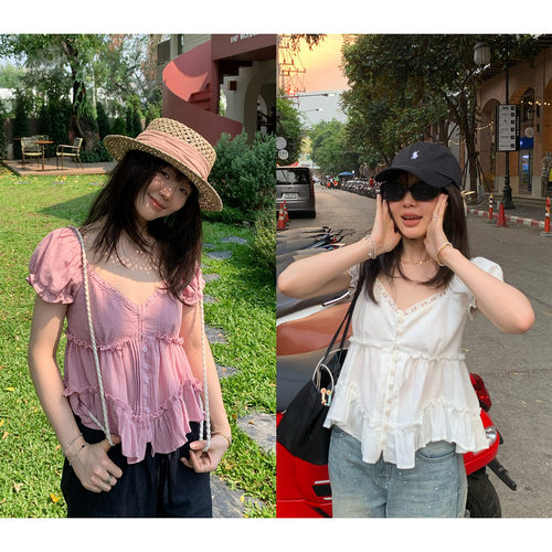 v领花边拼接打揽荷叶边棉麻小衫