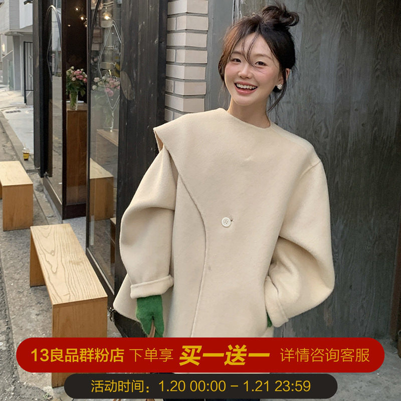 一三良品小个子  小众设计感！羊毛短款一体围巾大衣女双面呢外套,女装/女士精品,毛呢外套,淘宝优惠券,粉丝福利购,淘宝优惠卷