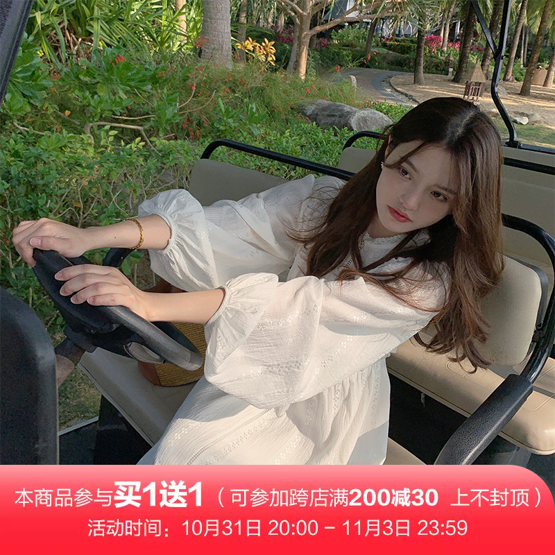 温柔天花板 仙女裙~白色灯笼袖立领宫廷风长袖连衣裙13良品小个子