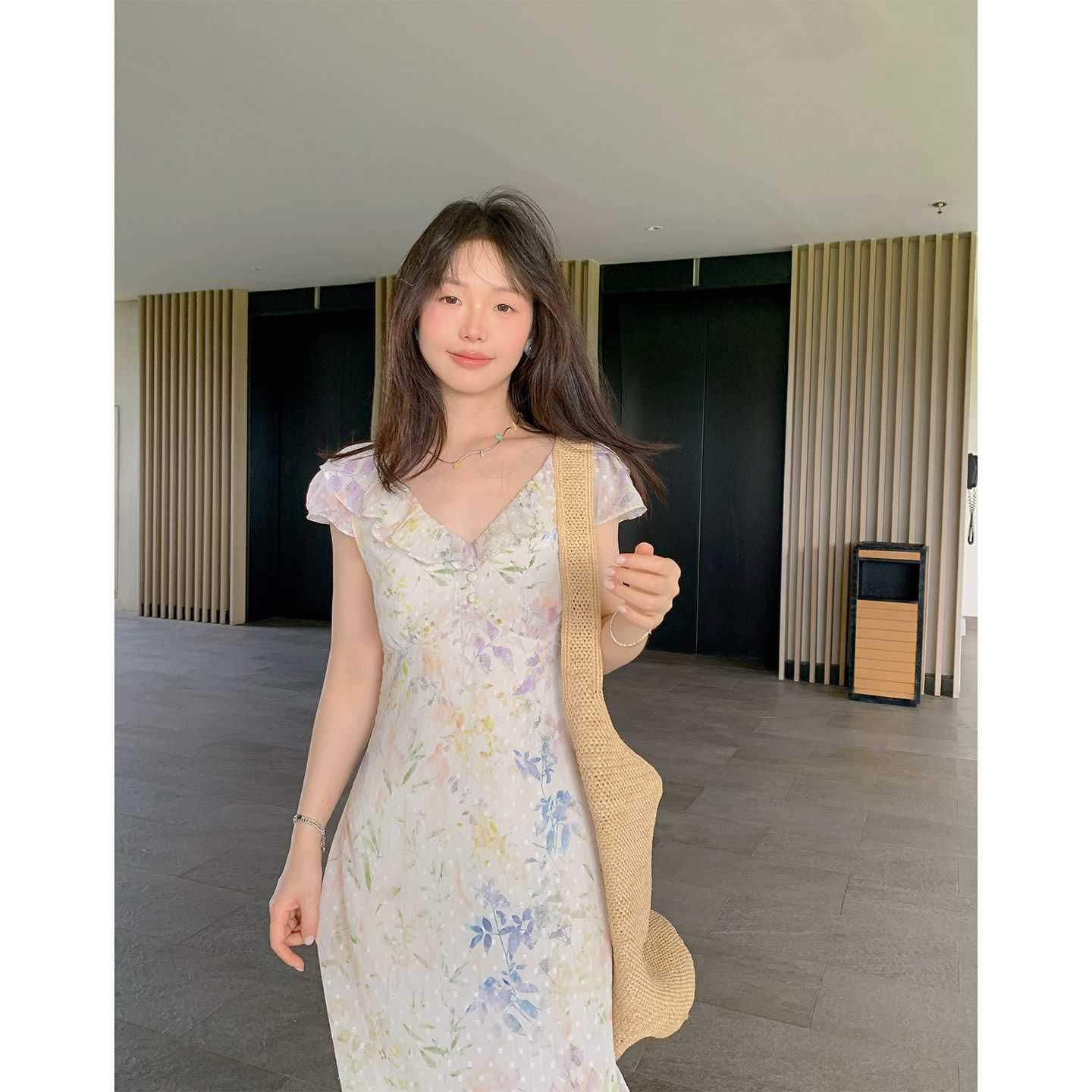 一三良品小个子 爱丽丝仙境 法式海边度假短袖碎花连衣裙子女长裙