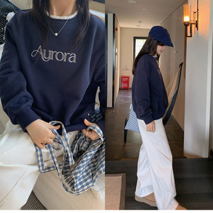 一三良品小个子 加绒加厚圆领套头字母蕾丝花边拼接卫衣女冬短款